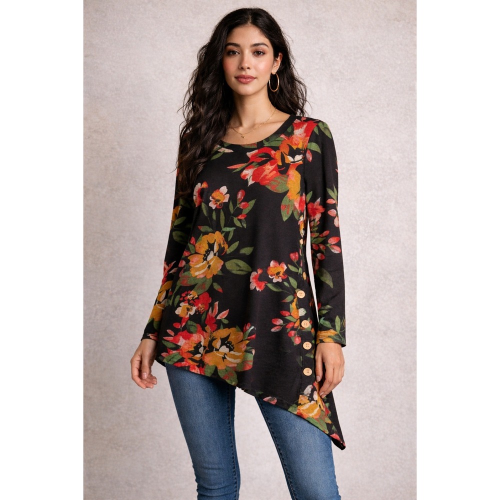 Black Floral Scoop-Neck Asymmetrical Tunic Top Size L Boho Modest Chic‎ Comfy